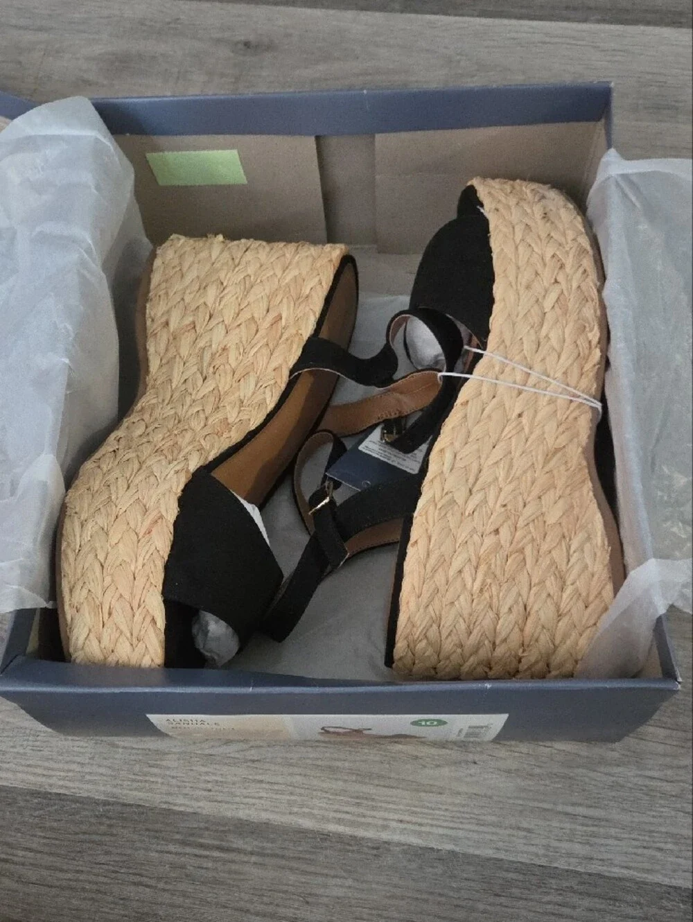 Women’s Black Espadrille Wedge Sandals with Ankle Strap, Size 10, New In Box